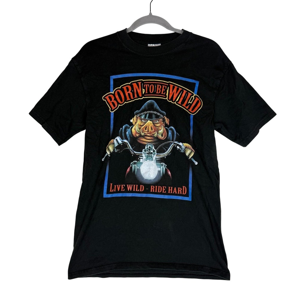 Port & Company Shirt Mens Medium Black‎ Born To Be Wild Biker Flag Graphic Tee